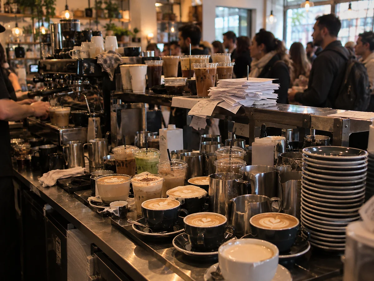 Barra de cafetería saturada de bebidas, pedidos y clientes en espera para representar el límite de capacidad operativa.