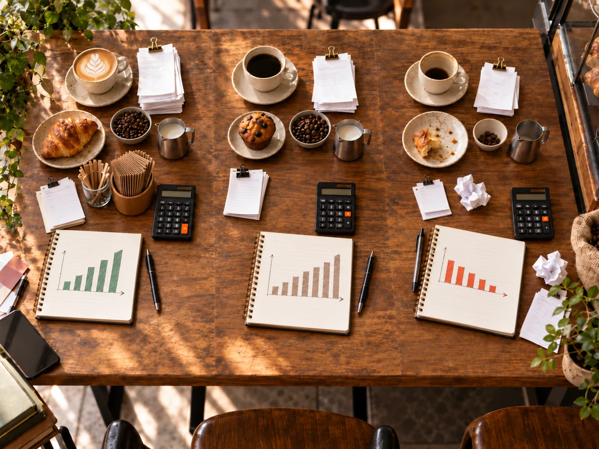 Tres escenarios de cafetería comparados con consumo, recibos, calculadoras y gráficas de evolución diferente.