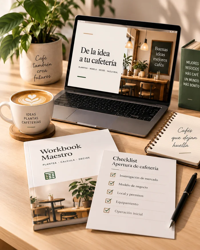 Evaluación de rentabilidad y escenarios para abrir una cafetería: laptop con el curso, Workbook Maestro en Excel, checklist de apertura y libreta sobre mesa de trabajo