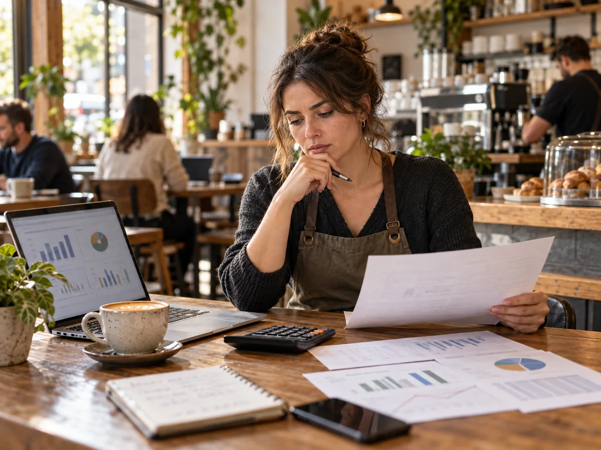 Dueña de una cafetería revisando gráficos financieros, calculadora y documentos para evaluar la rentabilidad del negocio.