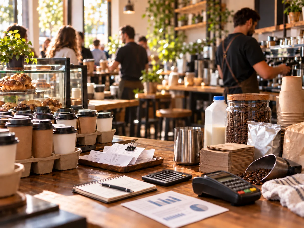 Escena de cafetería que contrasta el volumen de ventas con los insumos y costos variables para representar el margen de contribución.