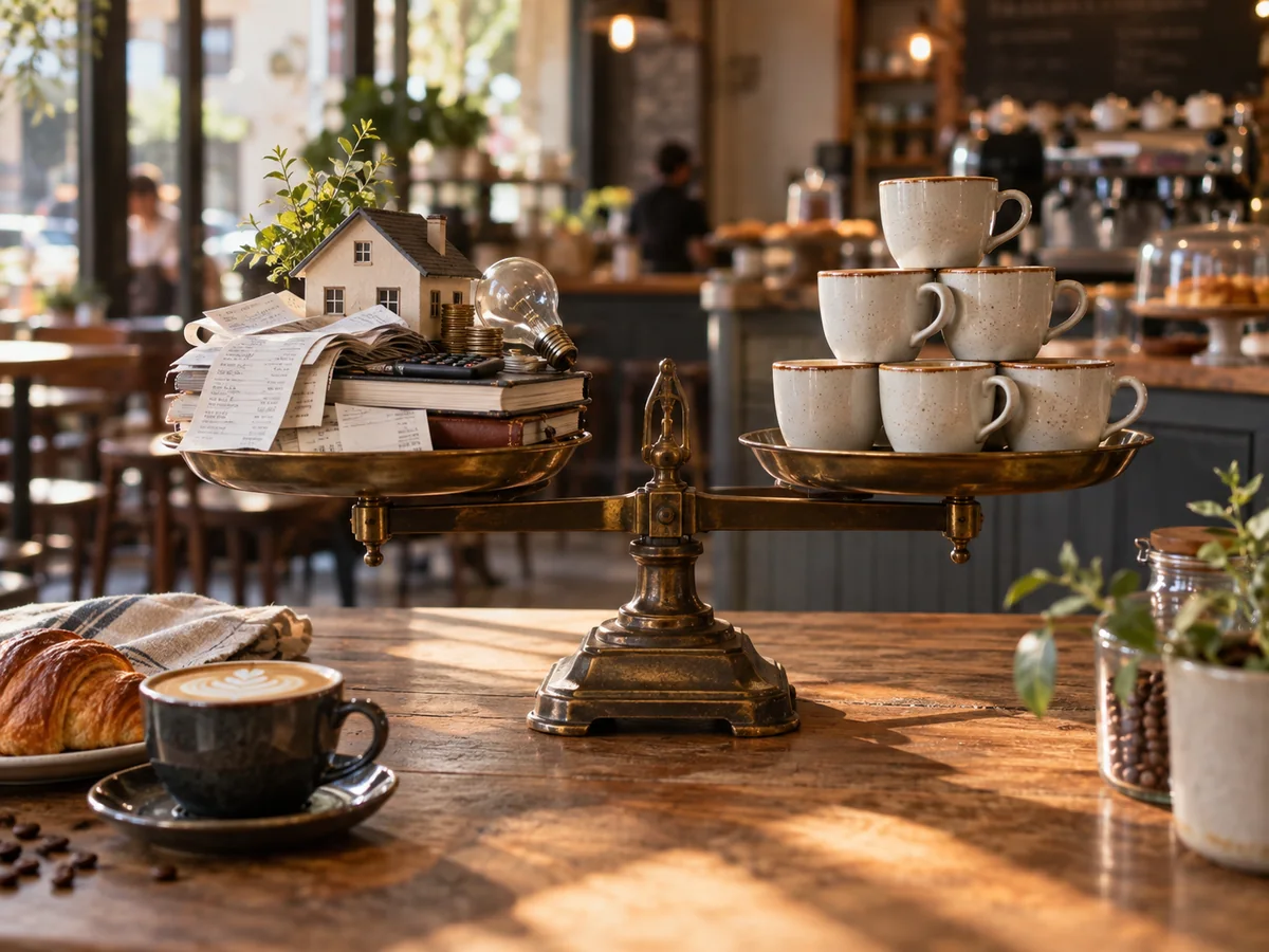 Balanza con costos fijos de una cafetería y tazas que representan las ventas necesarias para alcanzar el punto de equilibrio.