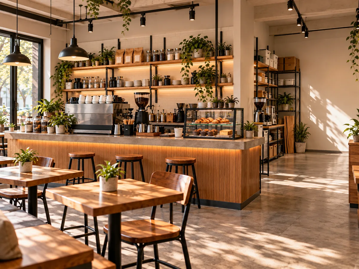 Cafetería pequeña operando con barra compacta, pocos asientos y espacio disponible para crecer por etapas