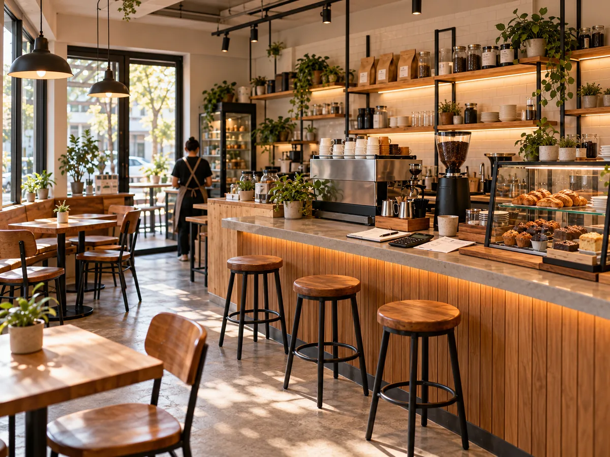 Cafetería pequeña diseñada con poco presupuesto: barra de café compacta, equipo esencial, pocos asientos y planeación operativa.