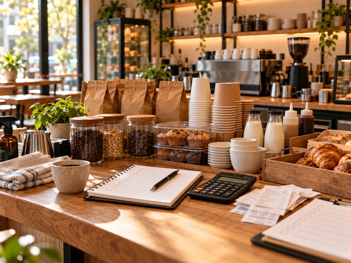 Insumos de cafetería, calculadora, recibos y lista de control para planear el capital de trabajo de la apertura