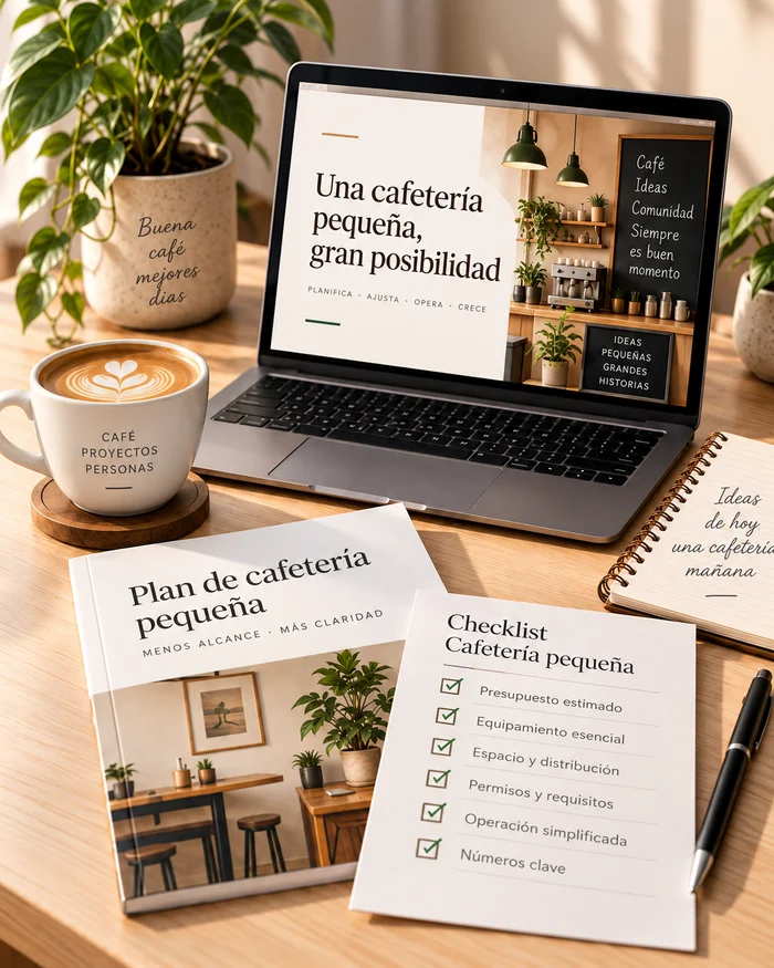 Recursos del curso para abrir una cafetería pequeña: laptop con temario, libreta de notas, plan de cafetería pequeña y checklist sobre mesa de trabajo