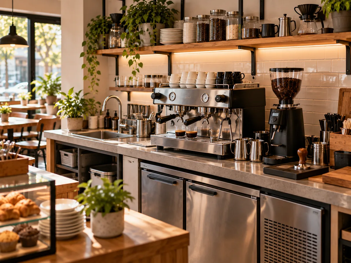 Estación de café de una cafetería pequeña con máquina de espresso, molino, refrigeración y herramientas esenciales