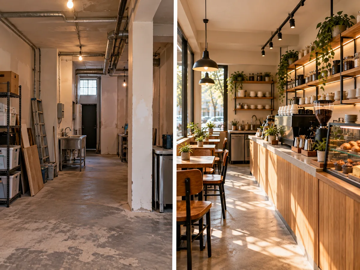 Comparación de un local para cafetería en obra con el mismo espacio acondicionado y listo para operar