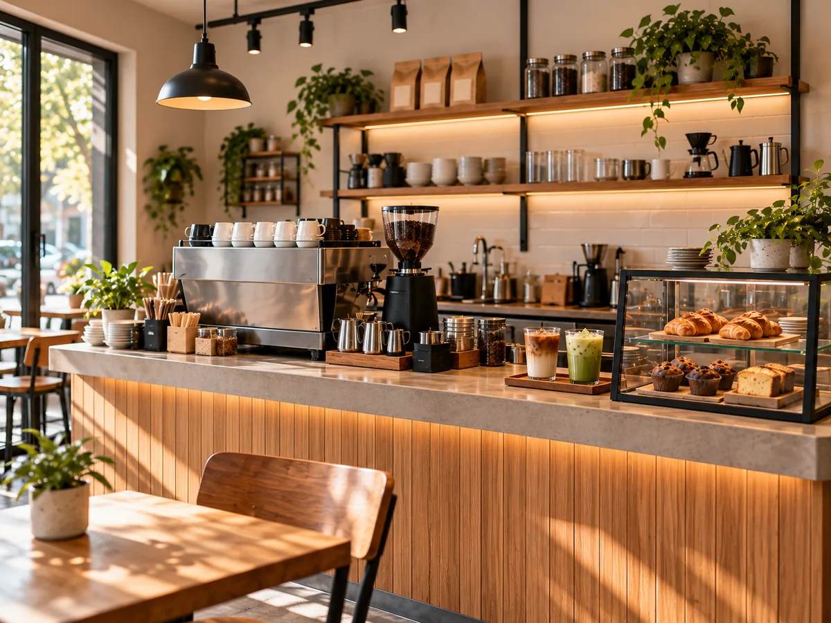 Barra compacta de cafetería con máquina de espresso, molino, bebidas sencillas y una selección corta de pan