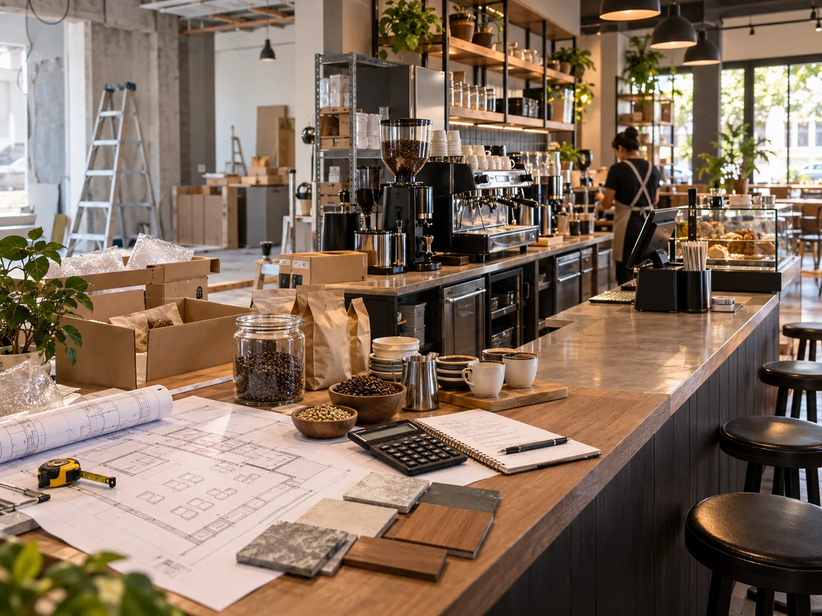 Cafetería en montaje con planos, materiales, insumos y equipo de barra integrados en un mismo espacio operativo.