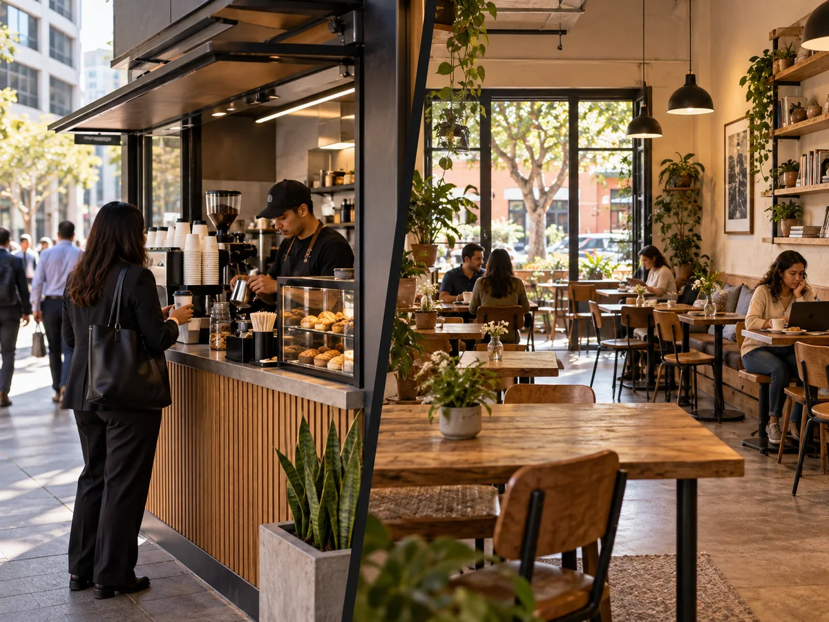 Barra compacta para llevar junto a una cafetería con mesas y permanencia, dos formatos con operaciones distintas.
