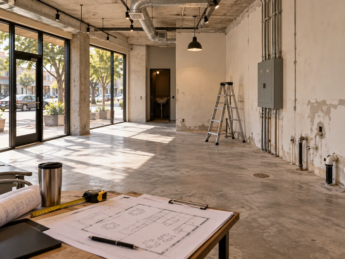 Local comercial vacío en revisión con planos, instalaciones expuestas y puntos de servicio visibles.