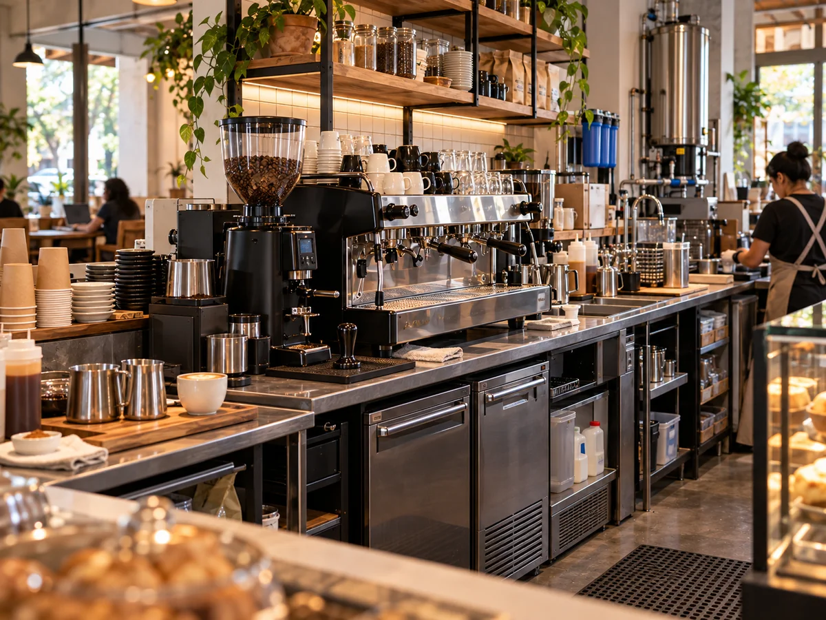 Estación de barra con máquina de espresso, molino, refrigeración, lavado y almacenamiento integrados.