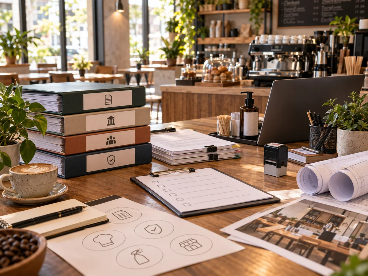 Mesa de trabajo con expedientes, formularios, checklist y planos para organizar la ruta de trámites de una cafetería.