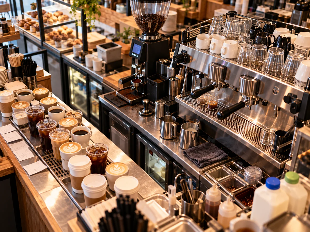 Estación de café en hora pico con bebidas acumuladas, máquina de espresso, molino y área de preparación al límite de su capacidad.