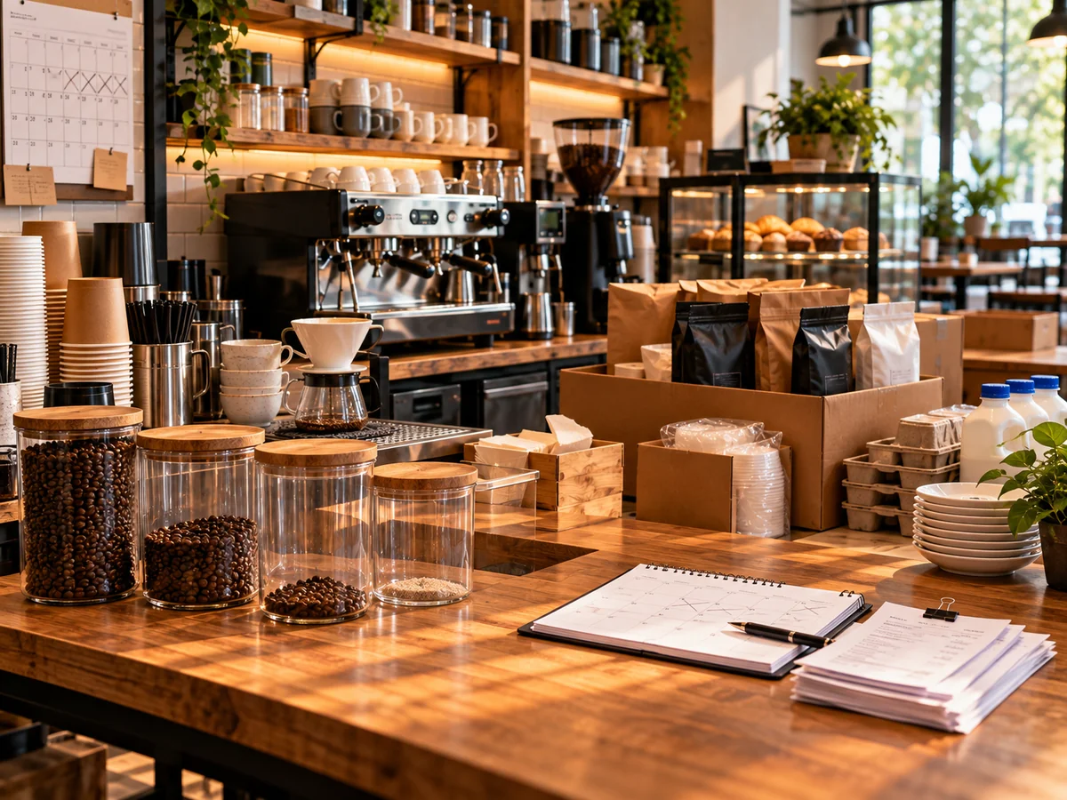 Estación de cafetería con recipientes de café en distintos niveles, cajas de reposición, consumibles y calendario de pedidos.