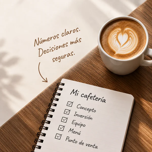 Libreta de planeación con checklist de Mi Cafetería, café latte y anotación: Números claros. Decisiones más seguras.