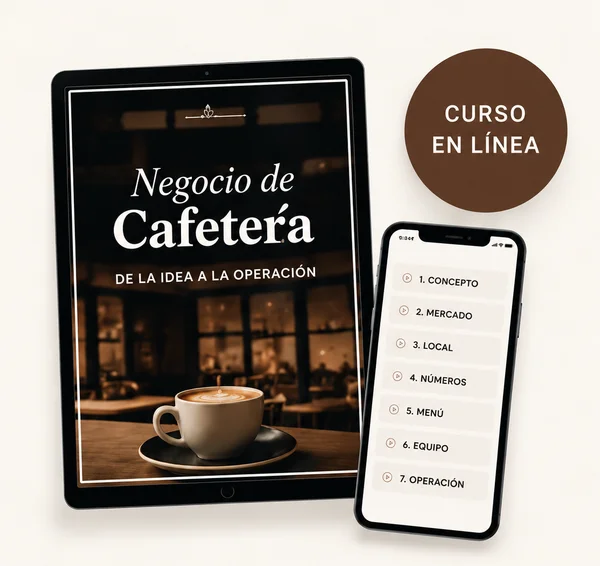 Mockup del curso digital en tablet y smartphone con temario de 7 módulos