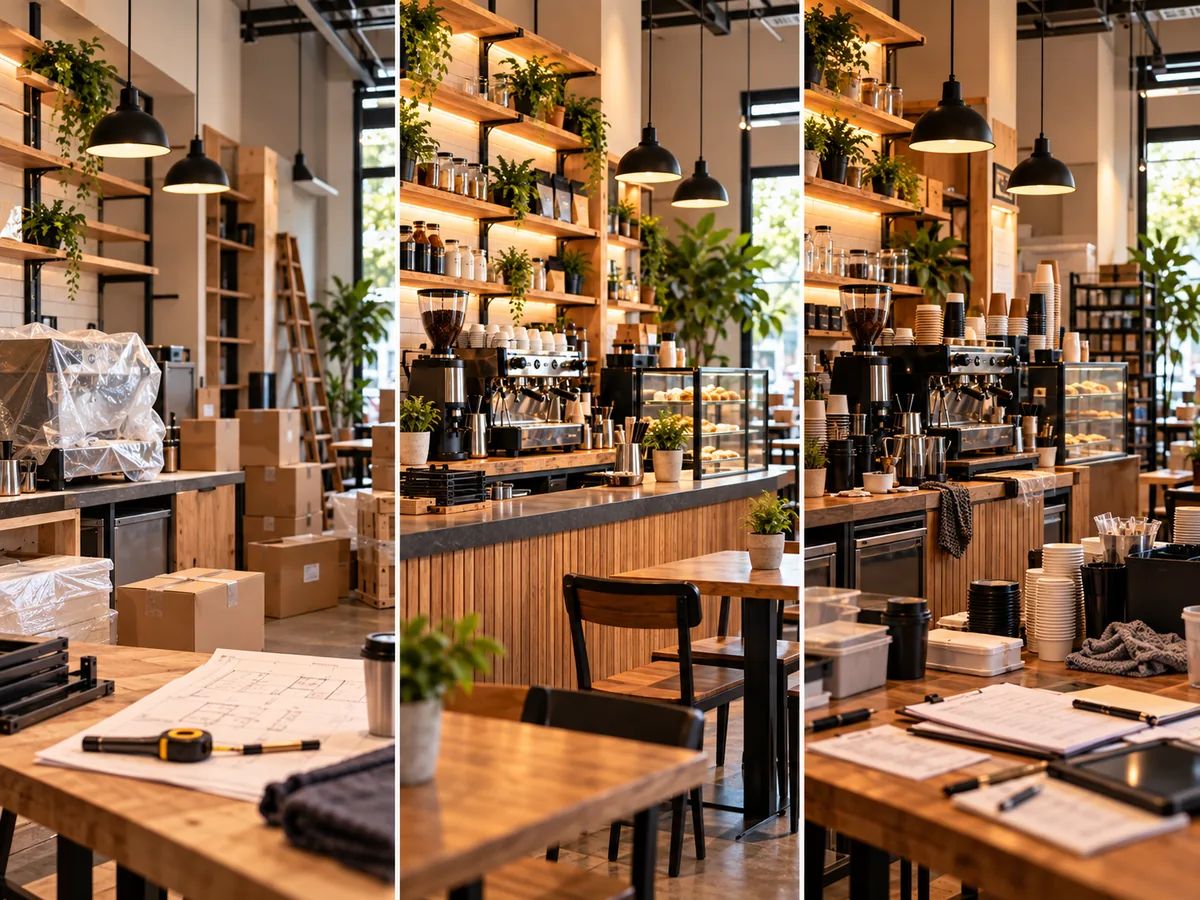 Tres escenarios de una misma cafetería muestran diferencias en montaje, preparación y operación bajo condiciones distintas.