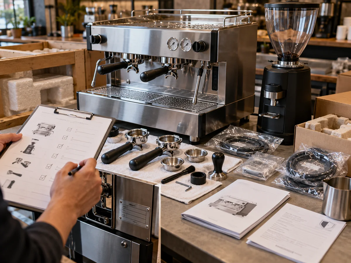 Inspección de una máquina de espresso recién recibida con accesorios, manuales, checklist y verificación de modelo y serie.