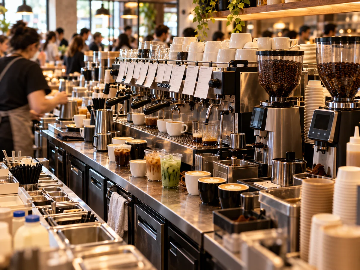 Estación de café en hora pico con pedidos acumulados, máquina de espresso, molinos y bebidas en preparación.