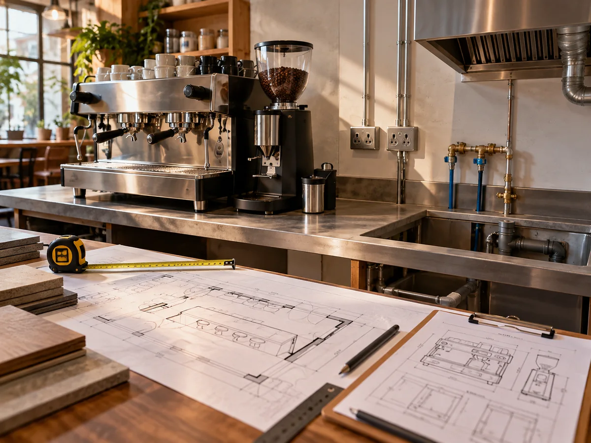 Máquina de espresso y molino junto a conexiones de agua, drenaje, electricidad y ventilación, con planos y cinta métrica.