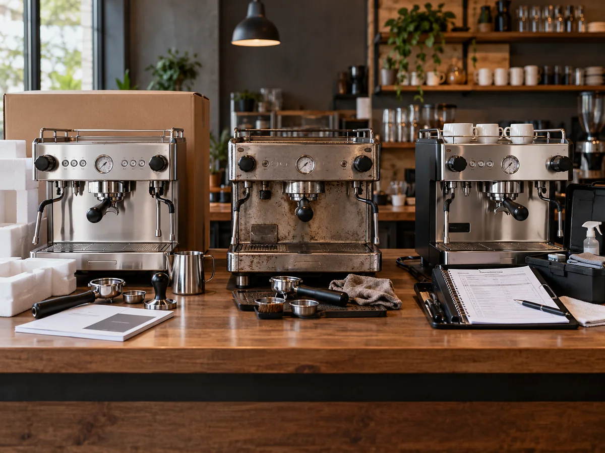 Comparación de máquinas de espresso nueva, usada y bajo esquema de servicio, con documentos de revisión y mantenimiento.