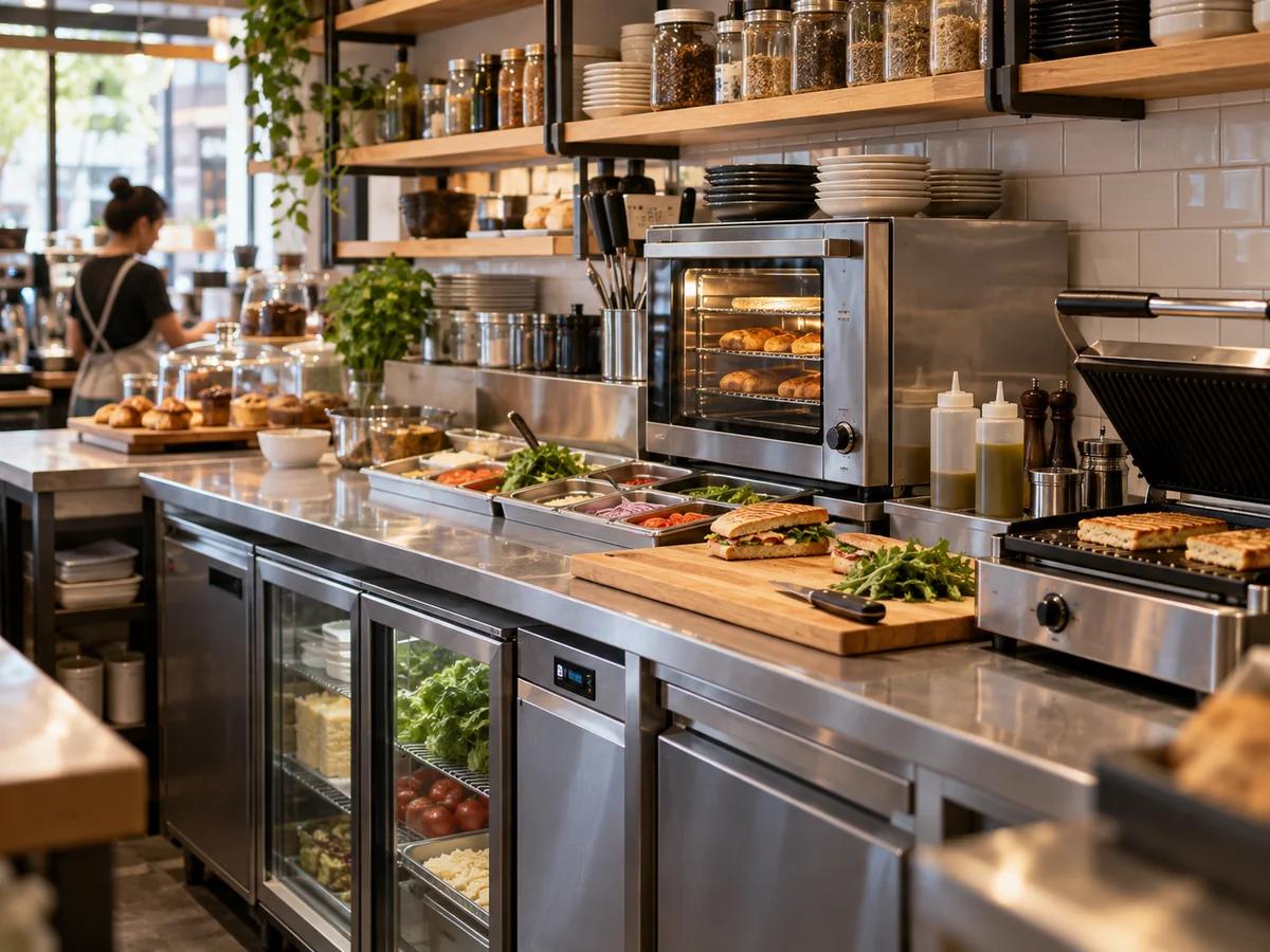 Estación de preparación de alimentos en cafetería con horno de convección, plancha panini, refrigeración bajo barra y mise en place lista para servicio.
