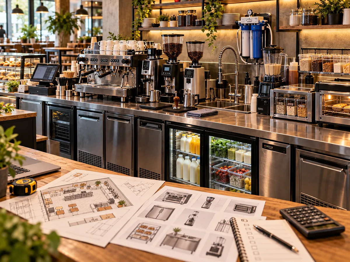 Estación de cafetería con máquina de espresso, molinos, refrigeración, filtración de agua y planos para organizar el equipo según la operación.