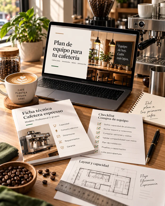Plan de equipo para cafetería con ficha técnica de cafetera espresso, checklist de compra y layout de capacidad operativa.