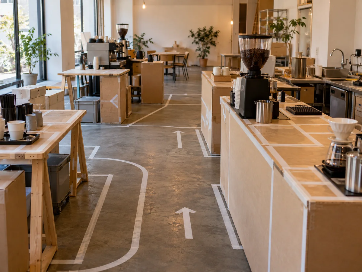 Barra de cafetería en prueba con estaciones provisionales y rutas marcadas con cinta en el piso para validar el flujo de trabajo.
