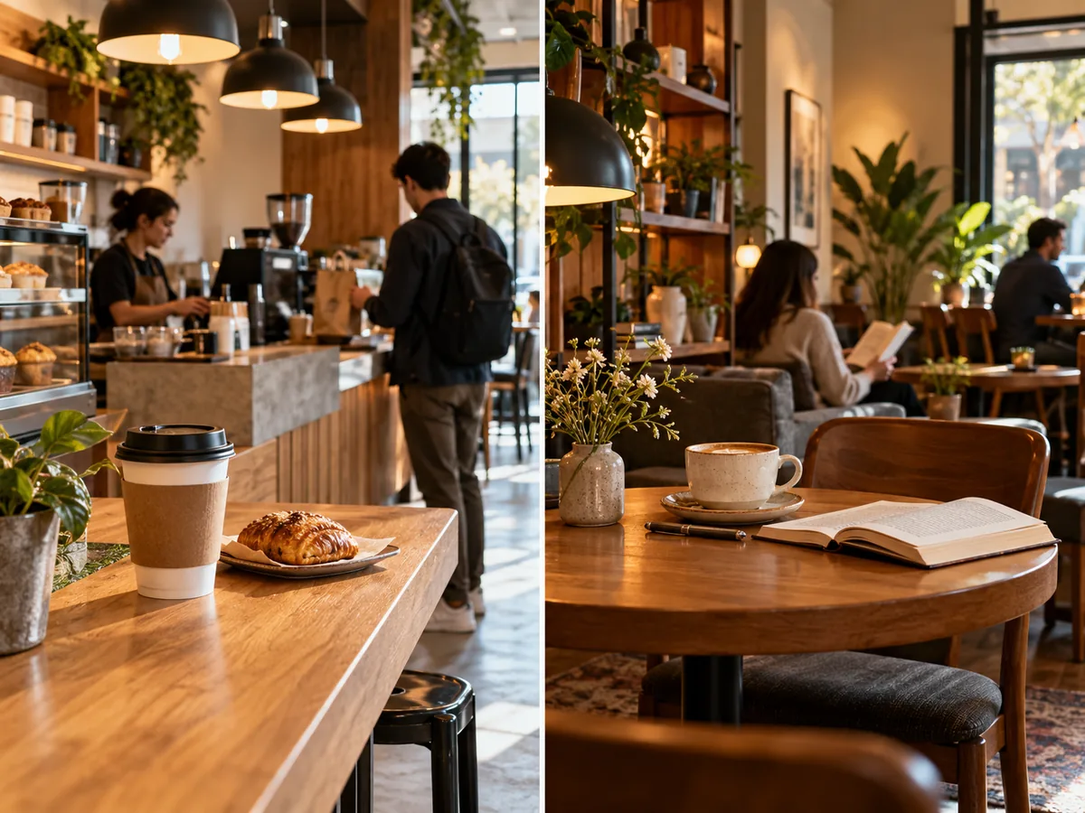 Dos ocasiones de consumo en cafetería: pedido breve para llevar y mesa tranquila para una estancia más larga.
