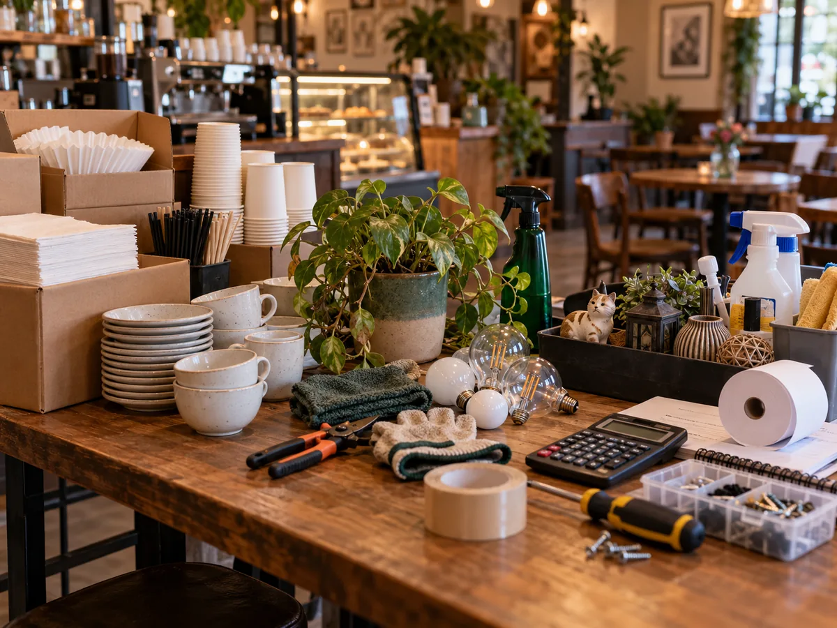 Insumos de limpieza, reposición, plantas, vajilla y calculadora usados para mantener una cafetería temática.