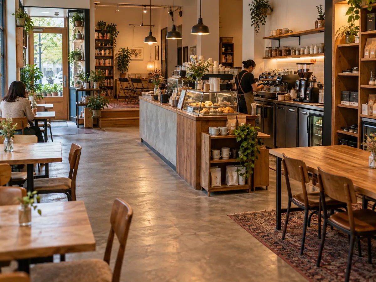 Distribución de una cafetería temática con barra, área de preparación, mesas, almacenamiento y circulación para clientes y operación.