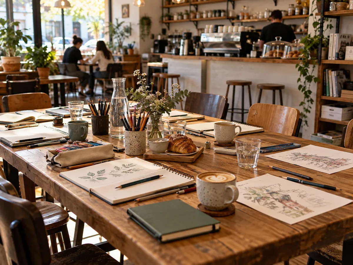 Mesa preparada para un pequeño taller creativo dentro de una cafetería con café, cuadernos y materiales de dibujo.