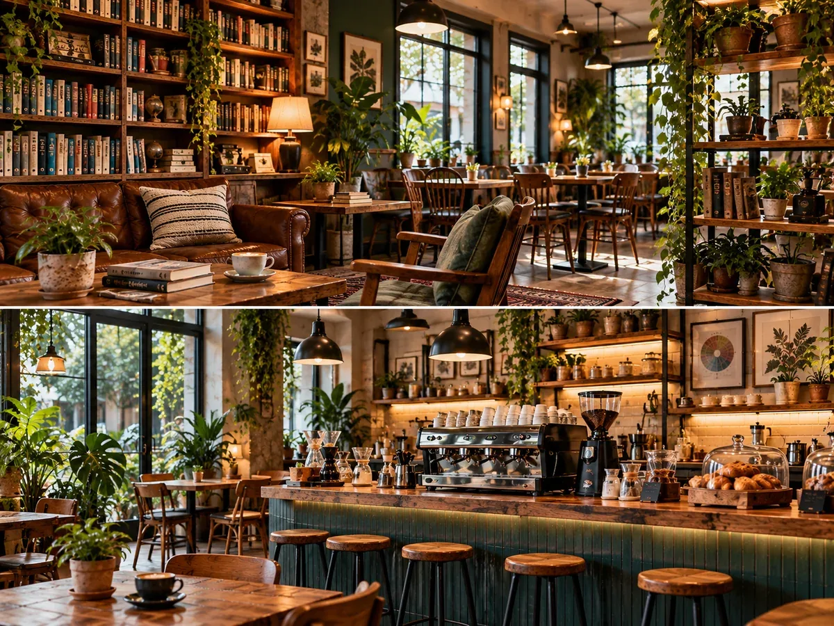 Dos ideas para cafeterías temáticas: zona de lectura con libreros y café botánico con plantas y barra de espresso.