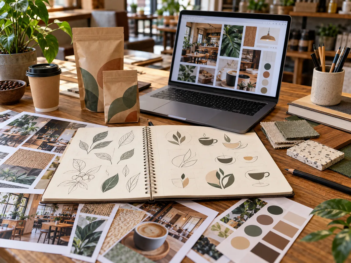 Mesa de diseño con bocetos originales, empaques genéricos y revisión de identidad para una cafetería temática.