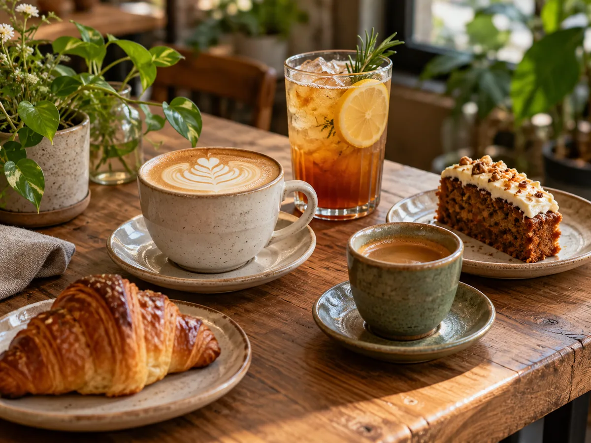 Selección breve de café, bebida fría y alimentos sencillos presentada de forma coherente con una cafetería de inspiración botánica.