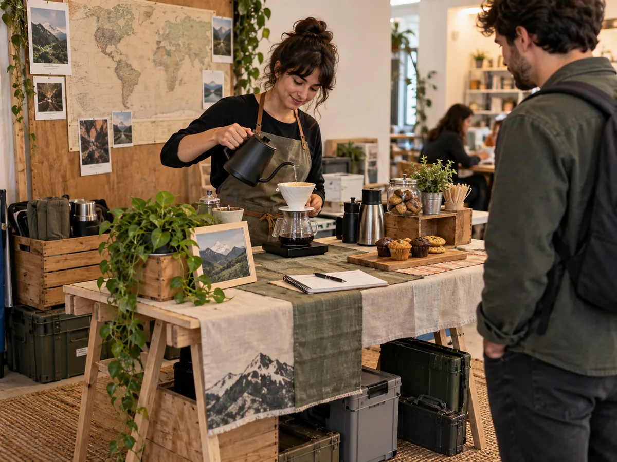 Montaje piloto de una cafetería temática con estación compacta de café, menú reducido y decoración temporal.