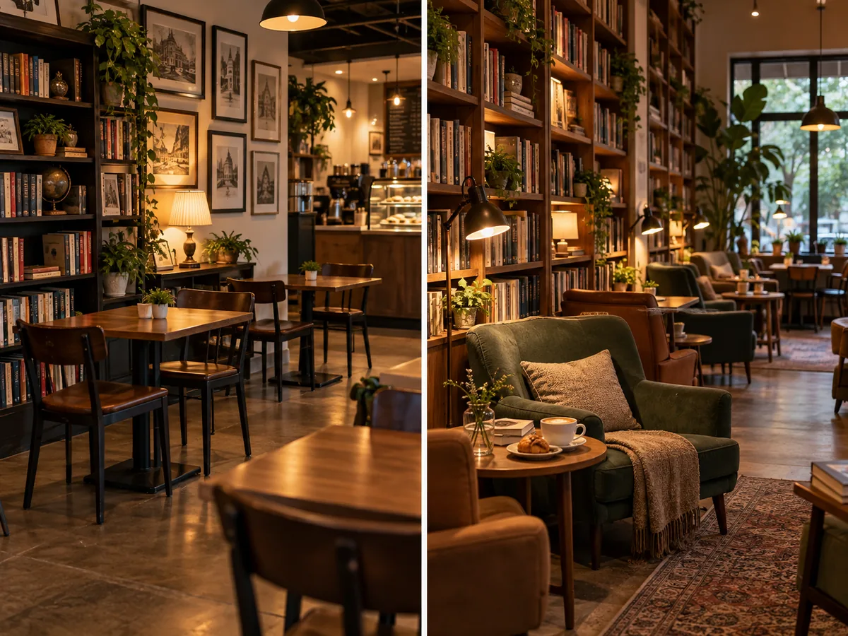 Comparación entre una cafetería decorada con libros y un café de lectura organizado para estancias tranquilas.