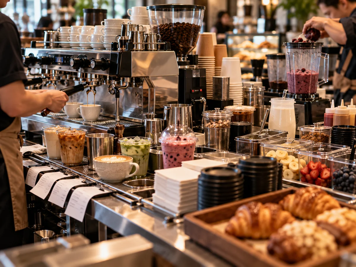 Barra de cafetería en hora pico con máquina de espresso, licuadora, bebidas en preparación y varios pedidos simultáneos.