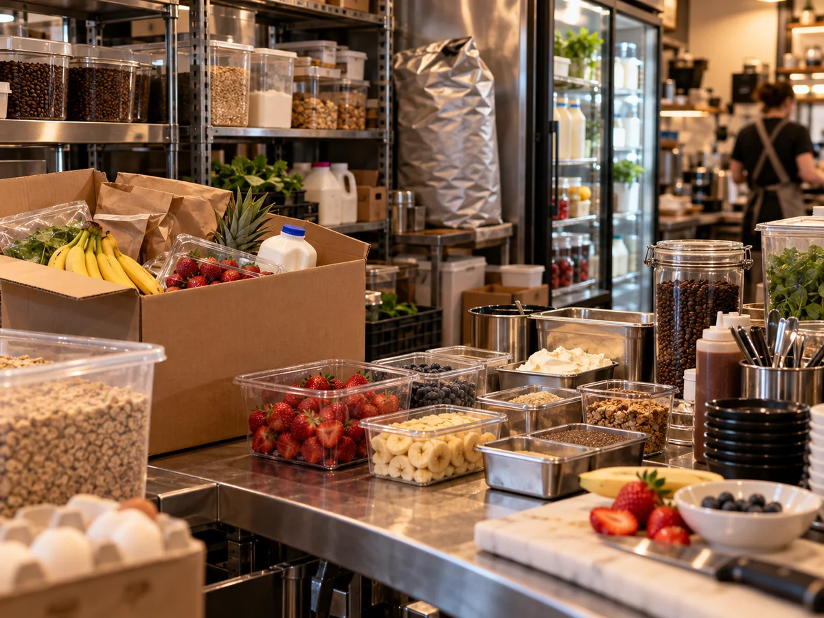 Área de inventario de cafetería con cajas de recepción, frutas, leche, granos, contenedores y refrigeración para almacenamiento.
