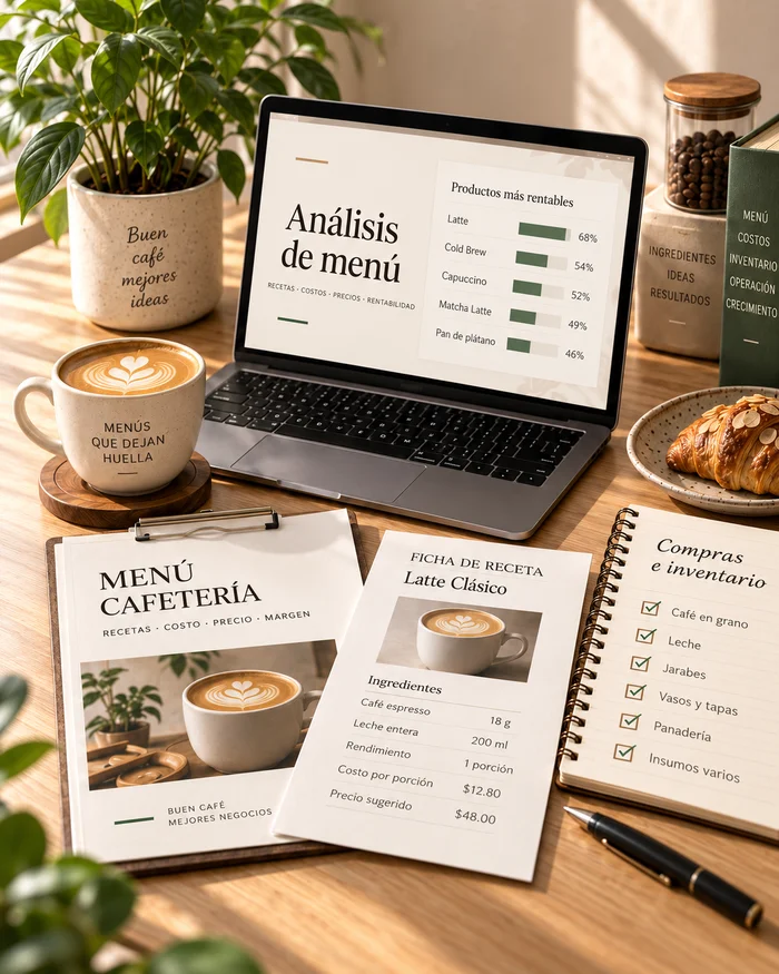Análisis de menú para cafetería con recetas, costeo, inventario y checklist de compras y operación.