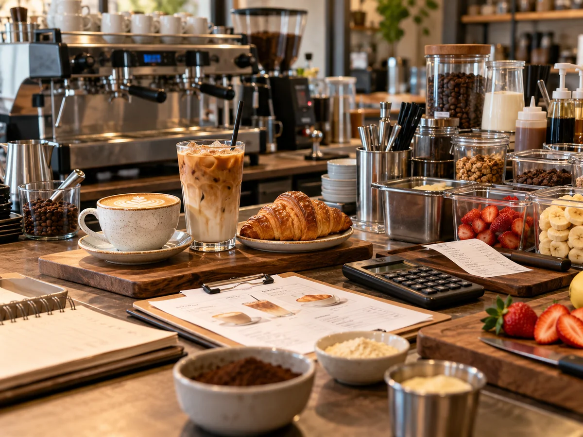 Menú de cafetería con bebidas, croissant, recetas, insumos y herramientas de operación organizados sobre la barra.