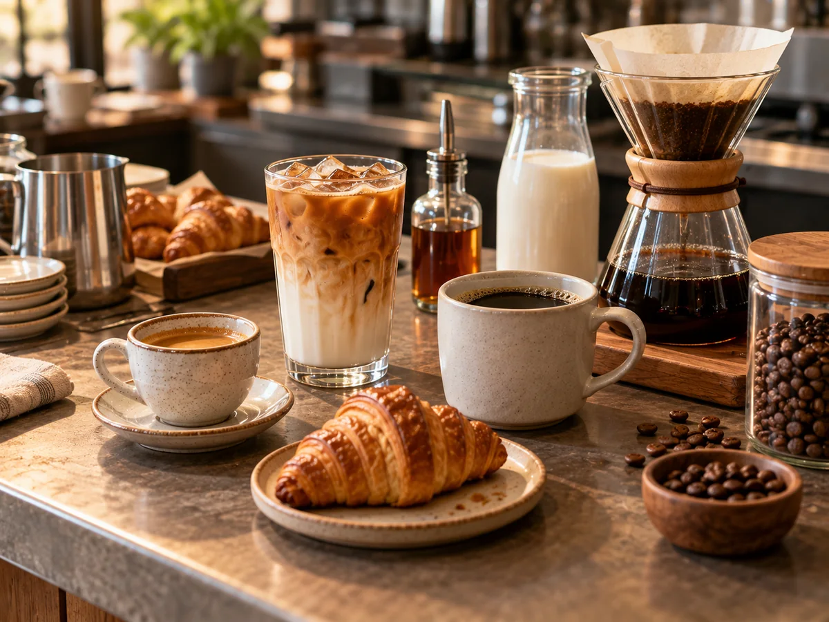 Selección compacta de espresso, café filtrado, bebida fría y croissant preparada con pocos insumos compartidos.