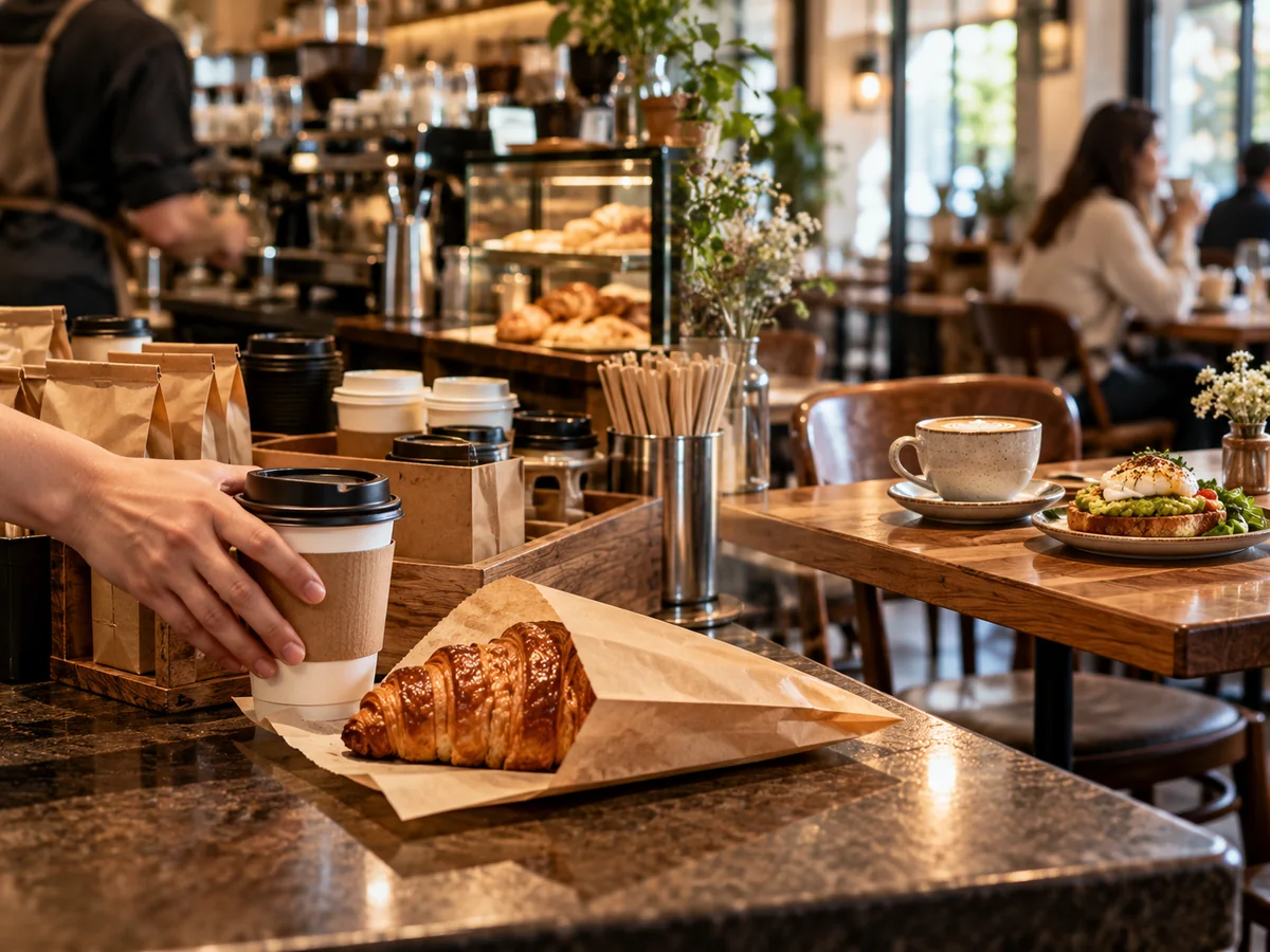 Pedido de café y croissant para llevar en primer plano y consumo pausado con bebida y desayuno dentro de la cafetería.