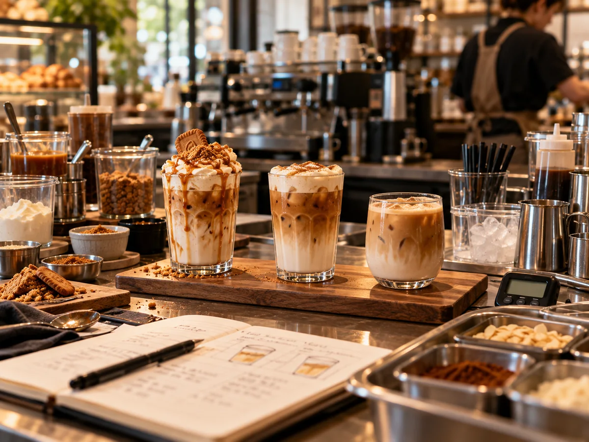 Tres versiones de una bebida fría de cafetería dispuestas para comparar preparación, toppings y complejidad operativa.