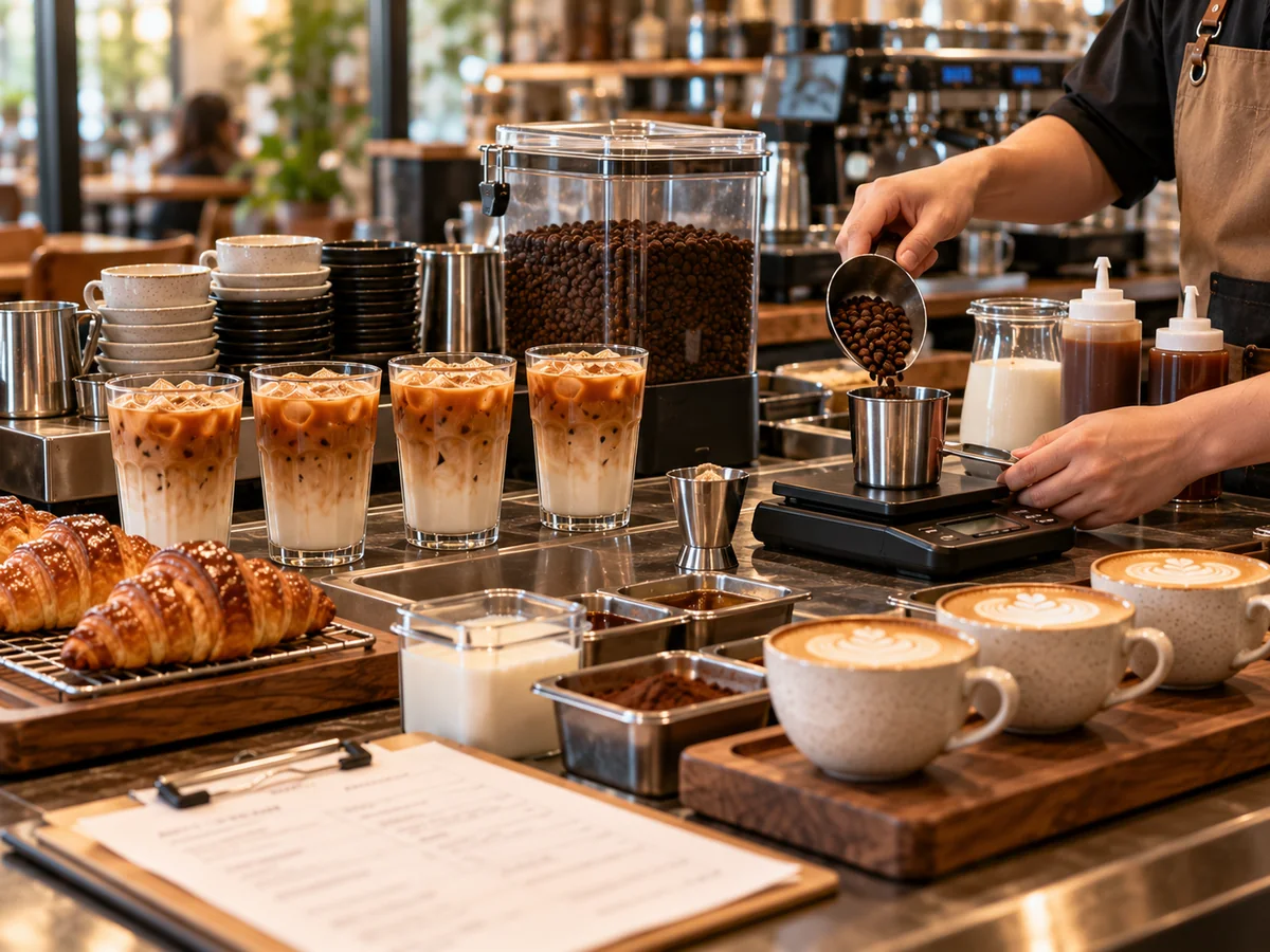 Barra de cafetería con bebidas preparadas en porciones consistentes junto a balanza, medidores, insumos y ficha de receta.