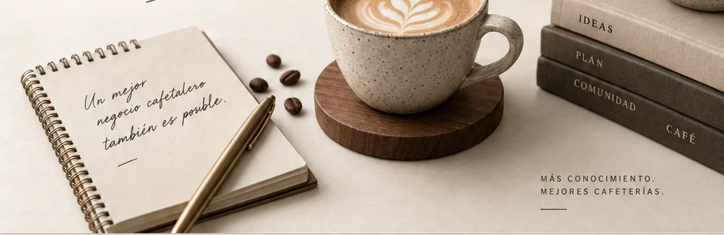 Composición de cierre con libreta de espiral, pluma dorada, taza latte y libros apilados