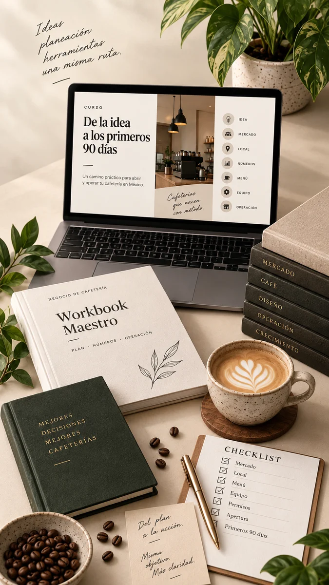 Plataforma del curso en laptop, Workbook Maestro y materiales prácticos de planeación